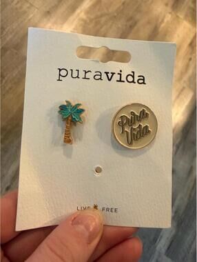 Pura Vida Palm Tree & Gold Logo Enamel Pins - Teal, Gold